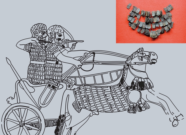 Боевая колесница ближневосточного типа (барельеф VIII века до н.э.) и фрагмент кольчуги
